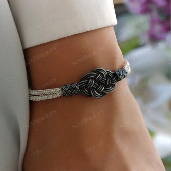 Celtic Double Love Knot Bangle Bracelet Oxidized Fine Silver Nautical Hand Braided Woven Chain OOAK Timeless Jewelry Forever Gift For Her