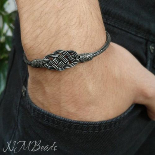 Mens Celtic Double Love Knot Bracelet Oxidized Fine Silver Hand Braided Woven Chain Everyday Jewelry Nautical Viking Knit Chain Gift For Him