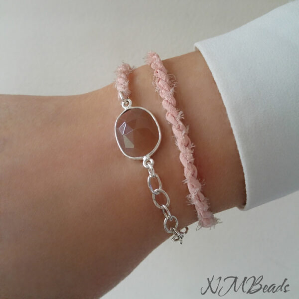Boho Chic Peach Moonstone Bracelet, Sterling Silver Layered Silk Bracelet, Pink Moonstone Jewelry, OOAK Gemstone Jewelry, Gift For Her