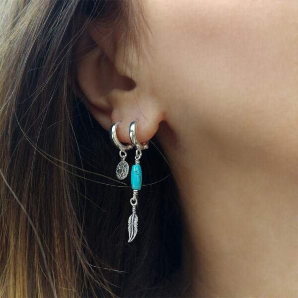 Boho Huggie Hoop Dangle Earrings, Feather Charm And Turquoise Earrings, Sterling Silver Hoops With Charm, Tribal Jewelry, Gift For Her