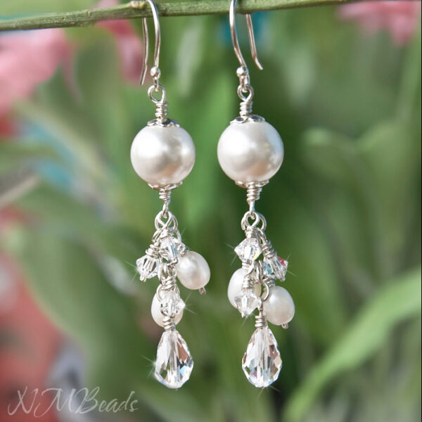 Wedding Freshwater Pearls And Swarovski Crystals Cluster Earrings Sterling Silver Bridal Jewelry Wire Wrapped Long Dangle Earrings For Bride