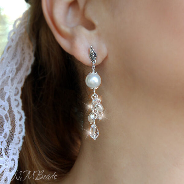 Long Cluster Earrings, Swarovski Crystals And Pearls Earrings, Wedding Bridal Jewelry, Sterling Silver, Long Pearl Earrings, Wedding Pearl