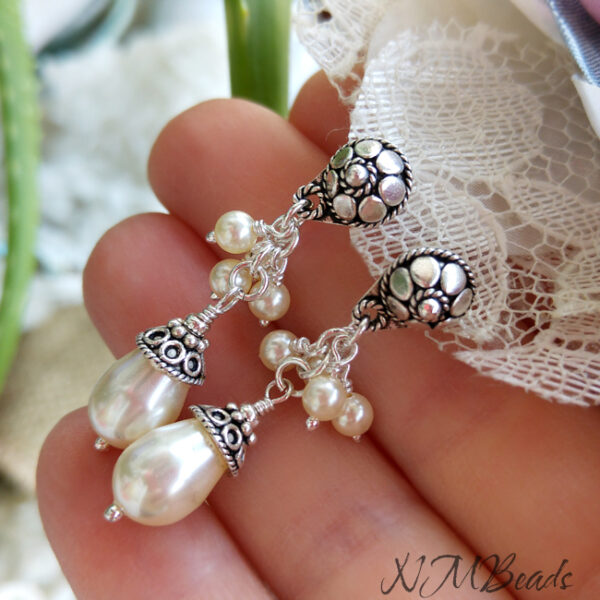 Wedding Pearl Dangle Earrings, Sterling Silver Pearl Cluster Earrings, Swarovski Pearl Stud Earrings, Bridal Jewelry, Wedding Pearl Jewelry