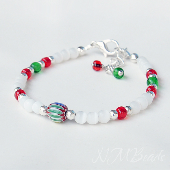 Girls Beaded Bracelet, Colorful Bracelet, White Red Green Bracelet, Sterling Silver Children Jewelry, Girl Jewelry