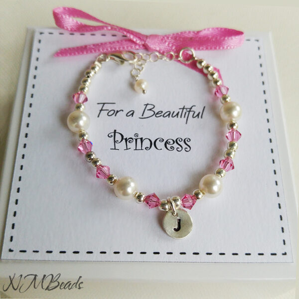 Personalized Children Pearl Bracelet, Sterling Silver Girls Name Bracelet, White And Pink Swarovski Toddler Baby Jewelry, 1st Birthday Gift