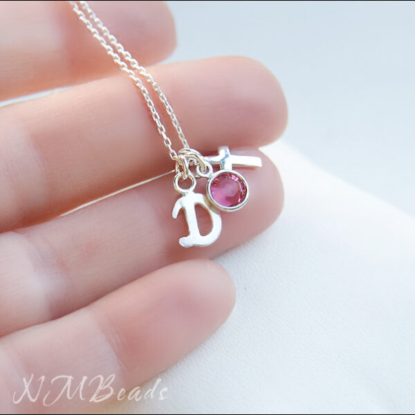 Children Letter Necklace With Cross, Sterling Silver Birthstone Necklace, Personalized Girl Jewelry, Religious Gift, Gift For Girl