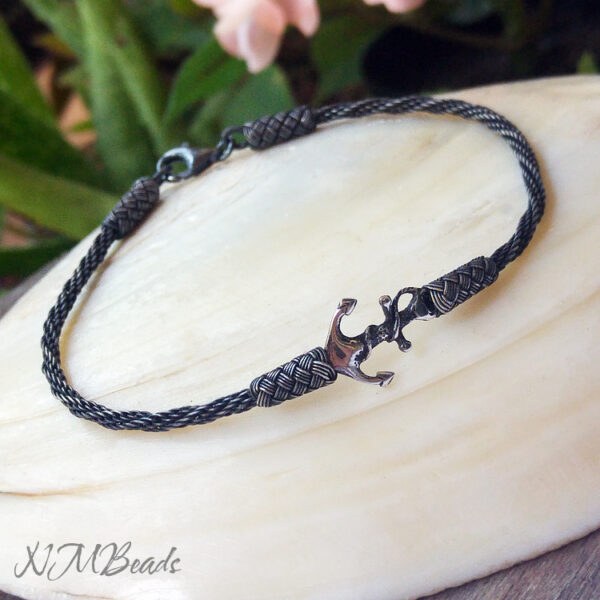 Mens Anchor Bracelet, Oxidized Fine Silver Spiral Chain Bracelet, Hand Woven Viking Knit Bracelet, Nautical Jewelry, Boyfriend Gift For Him