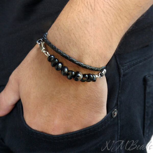 Black Agate Mens Leather Double Wrap Bracelet Sterling Silver Boho Chic Stylish Gemstone Man Jewelry Boyfriend Gift For Him