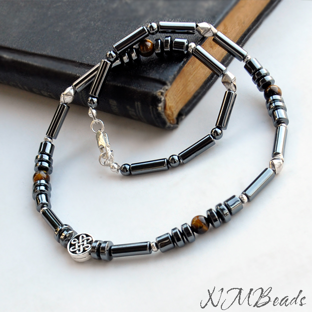 Mens Hematite Beaded Necklace With Celtic Knot, Sterling Silver
