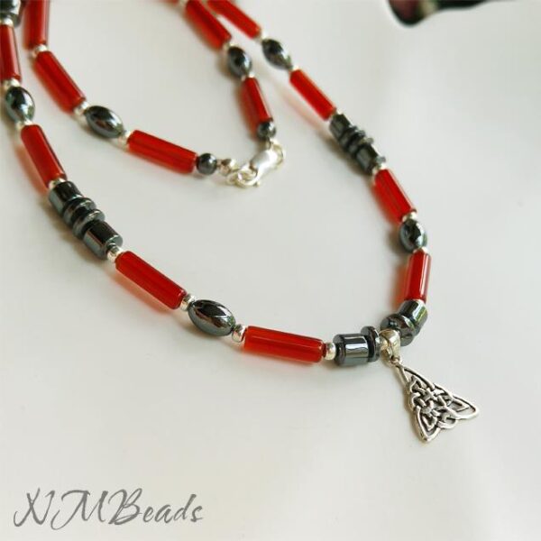 Red Agate Hematite Choker, Beaded Necklace For Men, Sterling Silver Trinity Celtic Knot Pendant, Gemstone Jewelry For Men, Gift For Mens