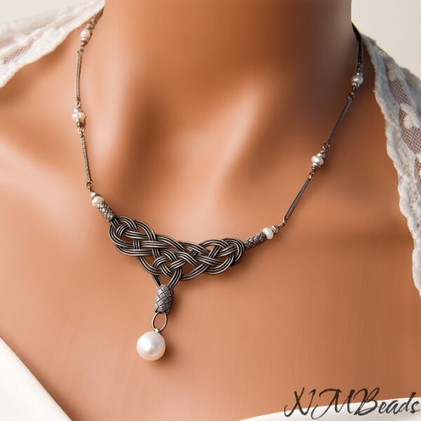 OOAK Celtic Braid Knot Bib Necklace With Freshwater Pearl Fine Silver Timeless Oxidized Wire Wrapped Statement Jewelry Anniversary Gift