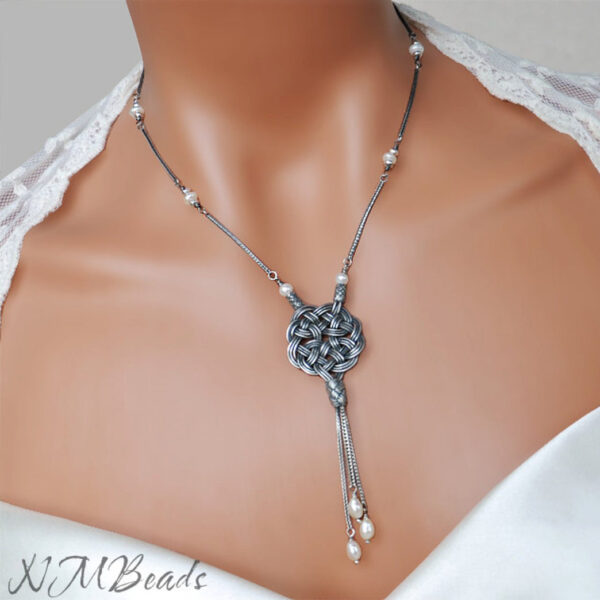 Celtic Sun Knot Y Drop Necklace With Pearls, Oxidized Fine Silver Tassel Necklace, Timeless Jewelry, Wire Wrapped Jewelry, Anniversary Gift