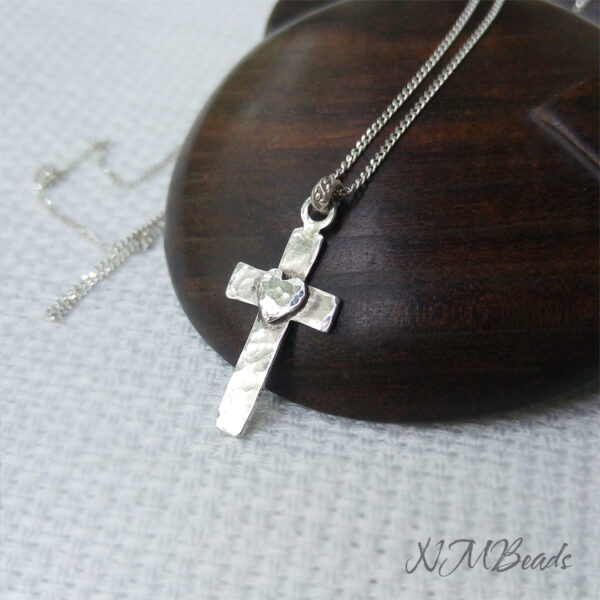 Artisan Sacred Heart Cross Necklace, Sterling Silver Cross With Heart Pendant, Religious Jewelry, Healing Gift