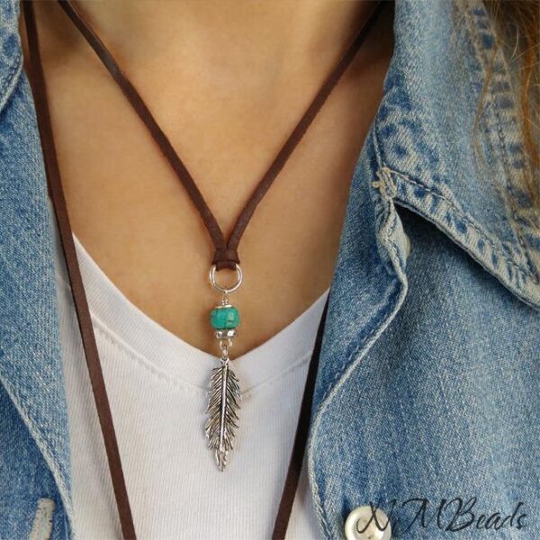 Boho Feather Necklace, Brown Deerskin Leather Necklace, Sterling Silver Feather Charm Necklace, Casual Everyday Boho Jewelry, Gift For Her